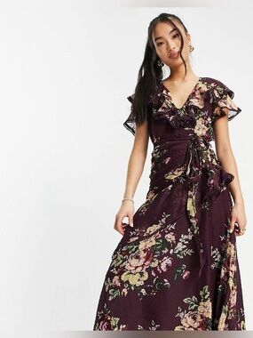 ASOS Plum Floral Wrap Maxi Dress with Ruffle Neckline